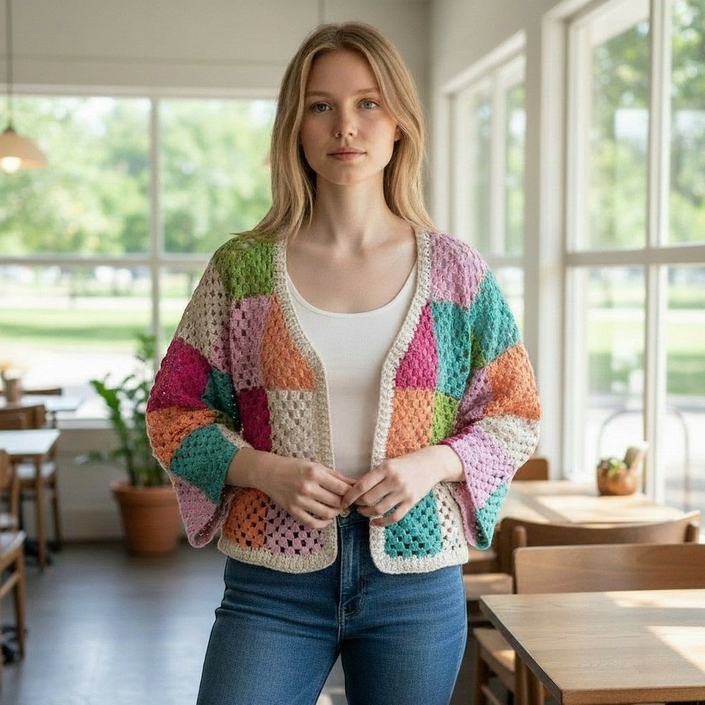 BIBI Patchwork Boho Rainbow Cardigan Granny Square Crochet Festival Sweater- S
